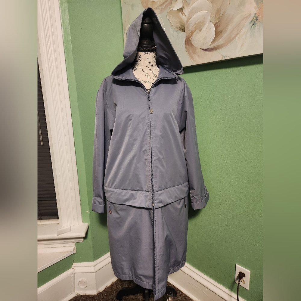 TravelSmith Long Hooded Trench Rain Coat Sz L (12-14) Slate Blue 🦚NEW🦚